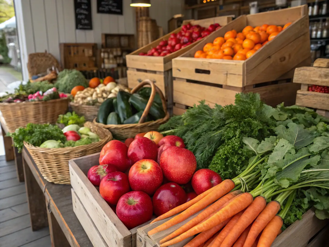 A vibrant display of colorful fresh fruits and vegetables arranged in a market-style setup, showcasing the freshness and variety of produce offered by 495 Express Foods.